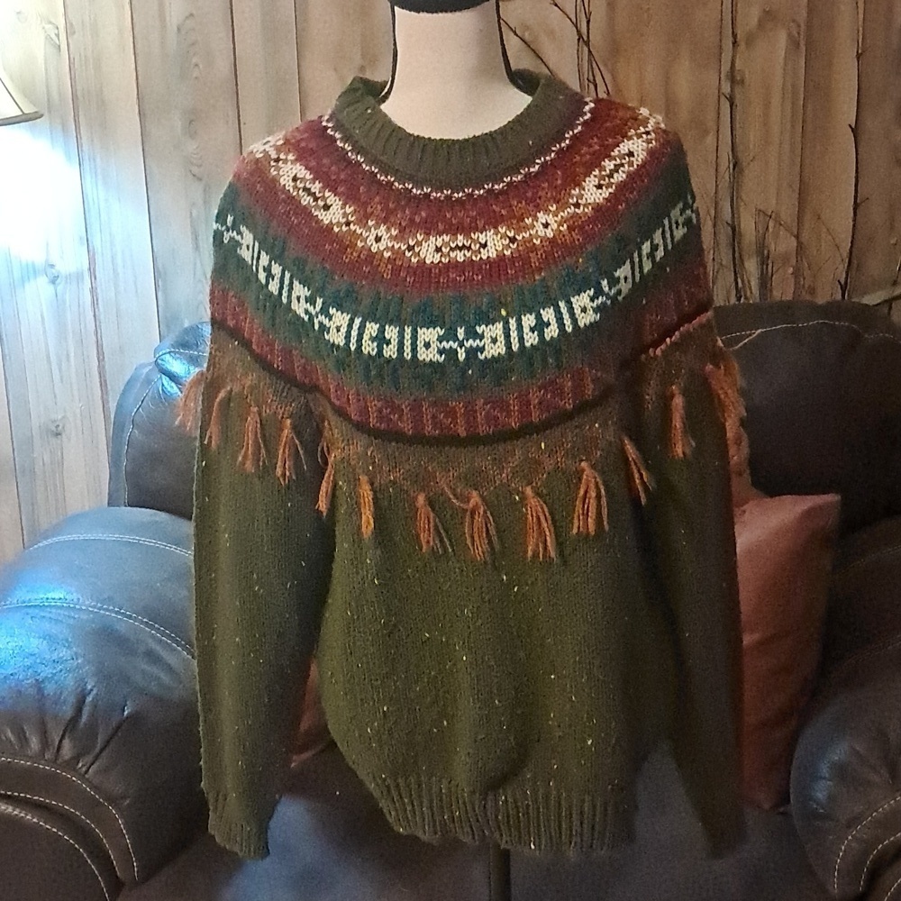 IVY VTG Knit Boho Pom Pom Fair Isle Sweater M Women Crewneck Fringe